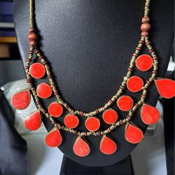 Vintage Coral Teardrop/Tribal Necklace