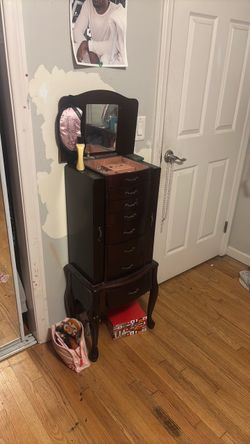 Dark Wood Jewelry Armoire with Mirror