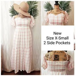 New without Tags- Size XS- Puff Short Sleeve A-Line Dress- White/Pink- Lined- Summer Beach Bohemian- YES! It's Still Available. 