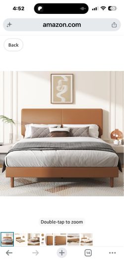 Full Size Leather Platform Bed Frame with Adjustable Headboard Orange Faux Leather Upholstered Platform Bed Frame, No Box Spring Needed, Noise-Free, E