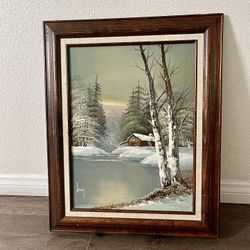 Vintage Original Painting of Winter Scene Whit A Cabin Framed 16/20 Inch Signed