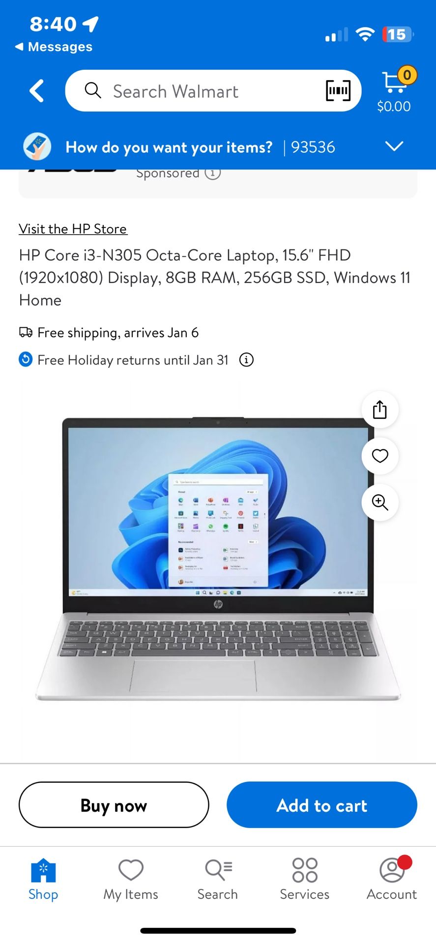 HP Core i3-N305 Octa-Core Laptop, 15.6" FHD (1920x1080) Display, 8GB RAM, 256GB SSD, Windows 11 Home