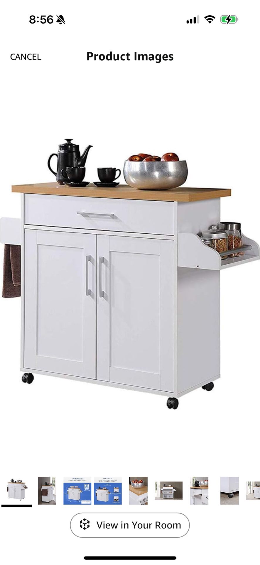 Hodedah Kitchen Island with Spice Rack, Towel Rack & Drawer, White with Beech Top, 15.5 × 35.5-44.9