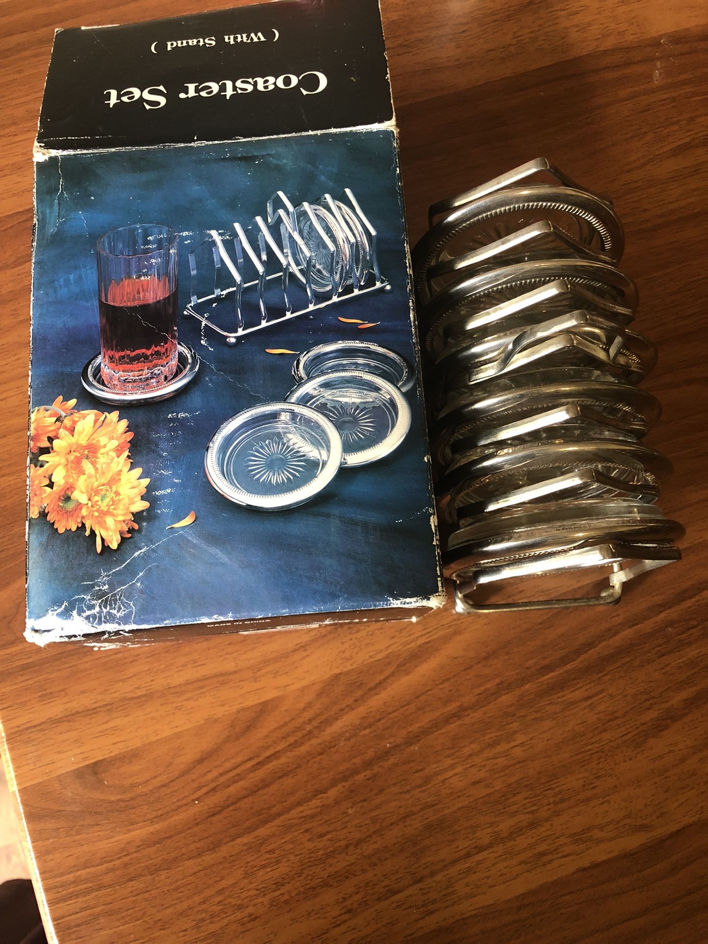 Silver Plated Fine Glass Coaster 6 Piece Coaster With Stand 