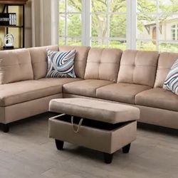 Beige Linen Sectional Couch And Ottoman