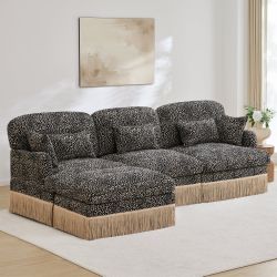 Target 100" Modular Leopard Print Chenille L-Shaped Sectional Sofa with Ottoman and Fringe Trim,Khaki