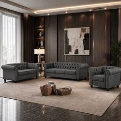 3 Piece Classic Chesterfield 6-Seater Set, Tufted Chair & Loveseat & Sofa Solid 