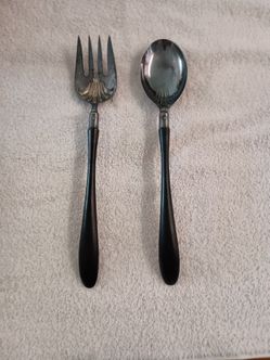 Vintage 1930s Manning Bowman Art Deco Silver Plated Ebony Salad Serving Set