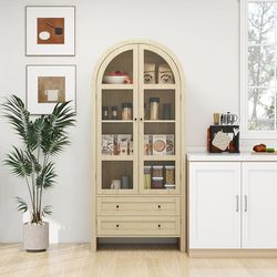 70.28" Tall Arched Kitchen Pantry Cabinet, Modern Farmhouse Storage Cabinet with Glass Doors and Adjustable Shelves, Natural