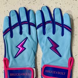 BRAND NEW YOUTH LARGE BRUCE BOLT BABY BLUE AND PINK PREMIUM LEATHER BATTING GLOVES