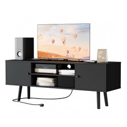 TV Stand for 48''-55''TV, Mid Century Modern TV Console, Entertainment Center with 2 Storage Cabinets, Adjustable Shelf and Power Outlets fo