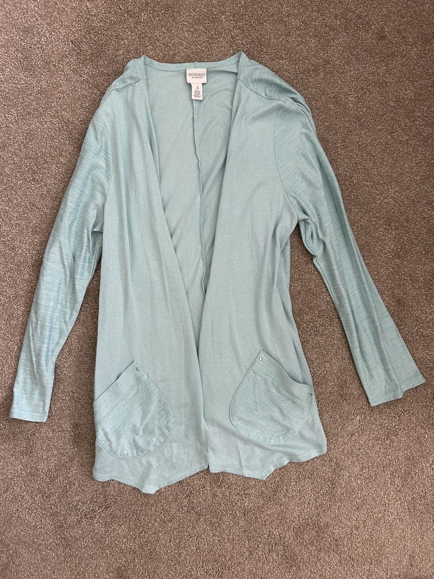 Weekends by Chico's Sz 3 Turquoise Long Sleeve Cardigan