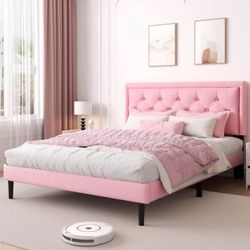 Queen Size Platform Bed Frame, Pink