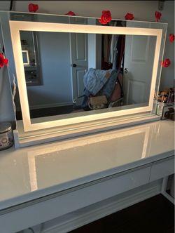 LED Lighted Vanity Mirror White Frame and Ikea Desk
