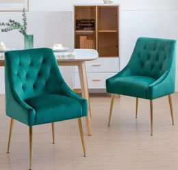 Modern Dining Chair Set of 2, Mid-Century Room Chair, Upholstered Comfortable Velvet with Back Pull Rod and Metal Legs for Kitchen, Dining, Living (Gr