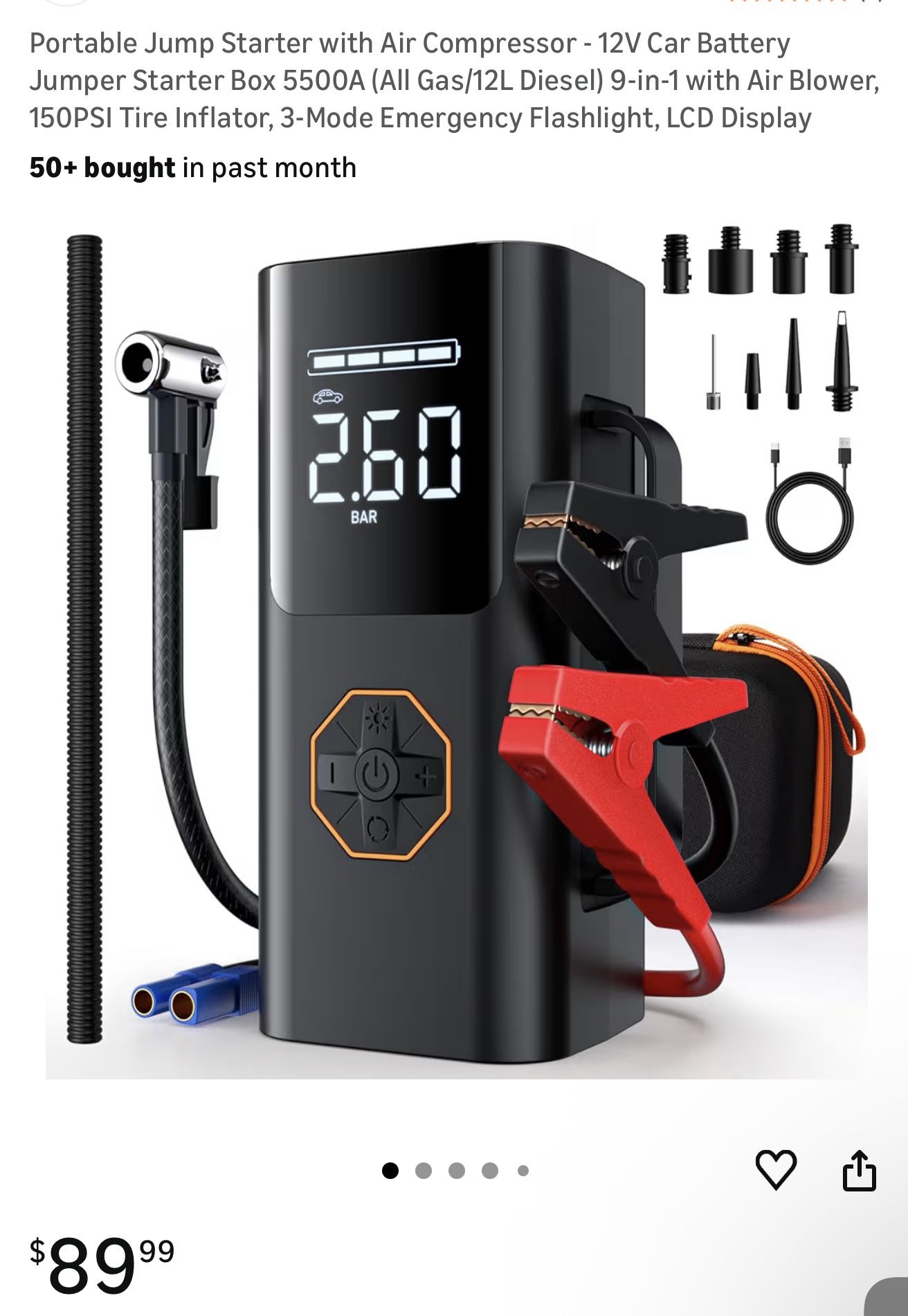 Portable Jump Starter with Air Compressor - 12V Car Battery Jumper Starter Box 5500A (All Gas/12L Diesel) 9-in-1 with Air Blower, 150PSI Tire Inflator