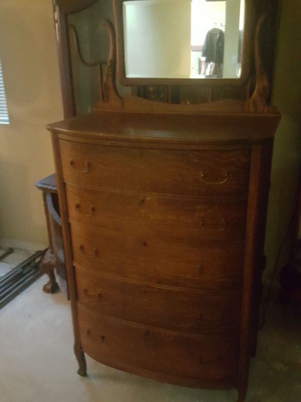 Antique 5 Drawer Oak Dresser With Original Belvil Mirror For Sale In