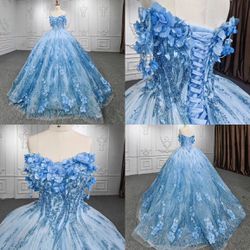 Quinceañera Dress, Blue, Shiny, Flowers