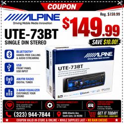 Alpine Single Din Car Stereo USB Mp3 Bluetooth Am Fm Radio Equalizer UTE-73BT 🚨 Payment Options Available 🚨 No Credit Needed 🚨