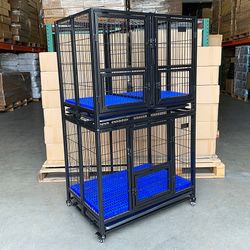 (NEW) $310 Stacking Dog Crate 37”x25”x64” Heavy-Duty Cage Folding Kennel w/ Plastic Tray (Set of 2)