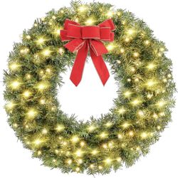 30in Large Artificial Christmas Wreath, Pre-lit Holiday Accent Decoration with Red Bow, 110 LED Lights & 300 PVC Tips, Metal Structure for Door Wall &