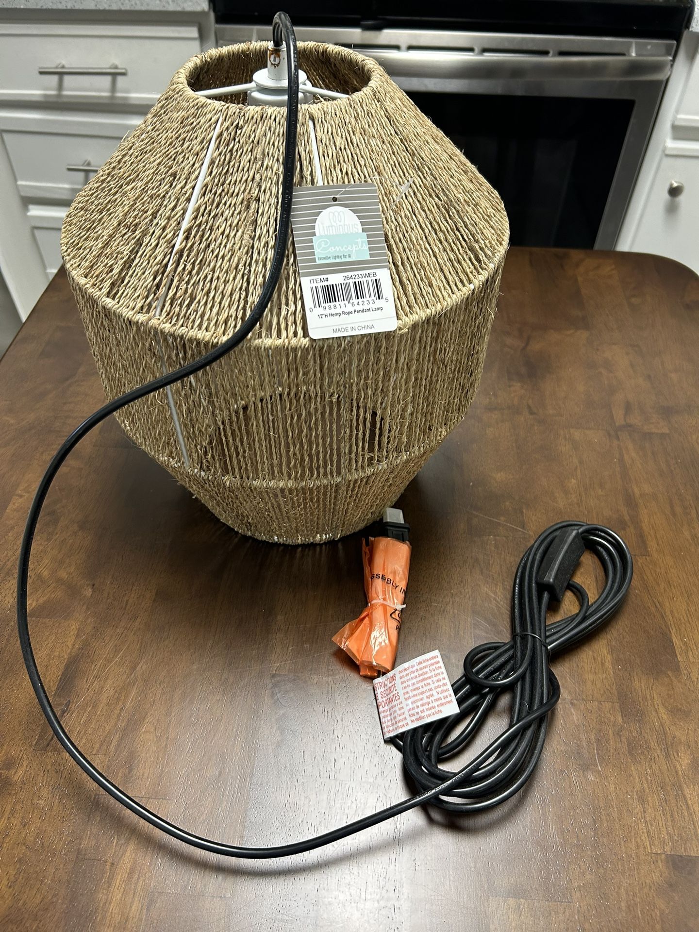 12"H Hemp Rope Pendant Lamp with Plug-in Cord