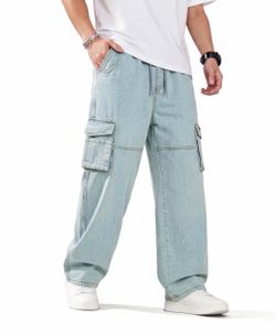 Men’s Baggy Jeans | Adjustable Drawstring Elastic Waist Cargo Denim Pants for Men