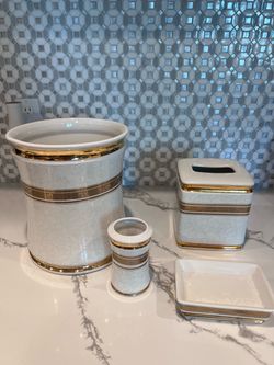 White and Gold Ceramic Bathroom Accessory Set