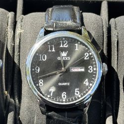 Mens Olevs Watch Black Silver Black Leather