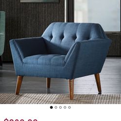 Blue Tweed Wide Armchair With Tufted Back