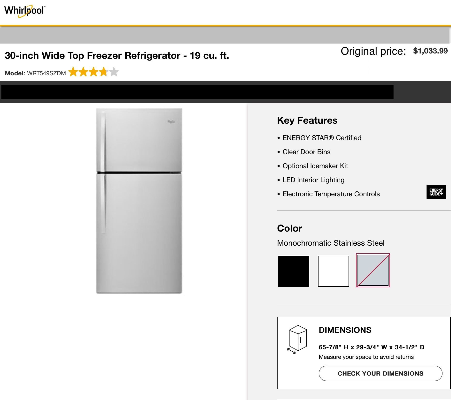 Whirlpool 30-inch Wide Top Freezer Refrigerator - 19 Cu. Ft. Model: WRT549SZDM : Monochromatic Stainless Steel 