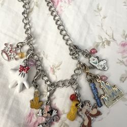 Disney Parks Charms Bracelet w/Gems Princess Crown, Minnie, Pluto, Olaf, Disney Castle, Chip & Dale