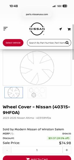 Wheel Cover - Nissan (40315-9HF0A) 2023-2025 Nissan Altima