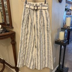 FREE PEOPLE Women Ivory Blue Striped Hi Tyed Wide Leg Belted Pants Size 4