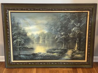 Vintage Framed Oil On Canvas Painting River Landscape Signed by Williams