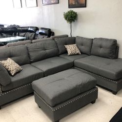 Brand New Grey Linen Sectional Sofa +Ottoman (New In Box) 