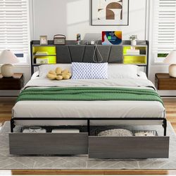 King Size Bed Frame With 2 Drawers & LED Lights