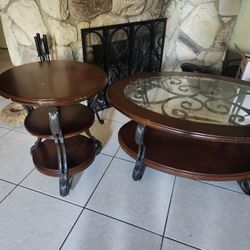 Brown And Metal Coffee Table With Side Table 