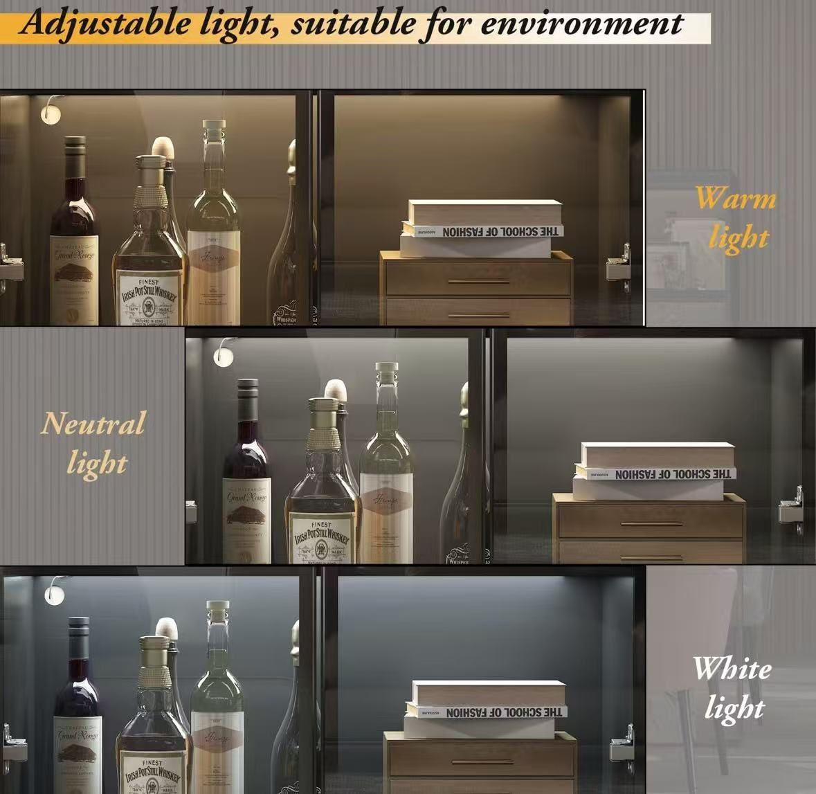 Showcase with lights, glass cabinet with doors and 4-level shelves