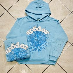 Brand new heavyweight authentic sky blue og web Sp5der hoodie includes bag size: S & M