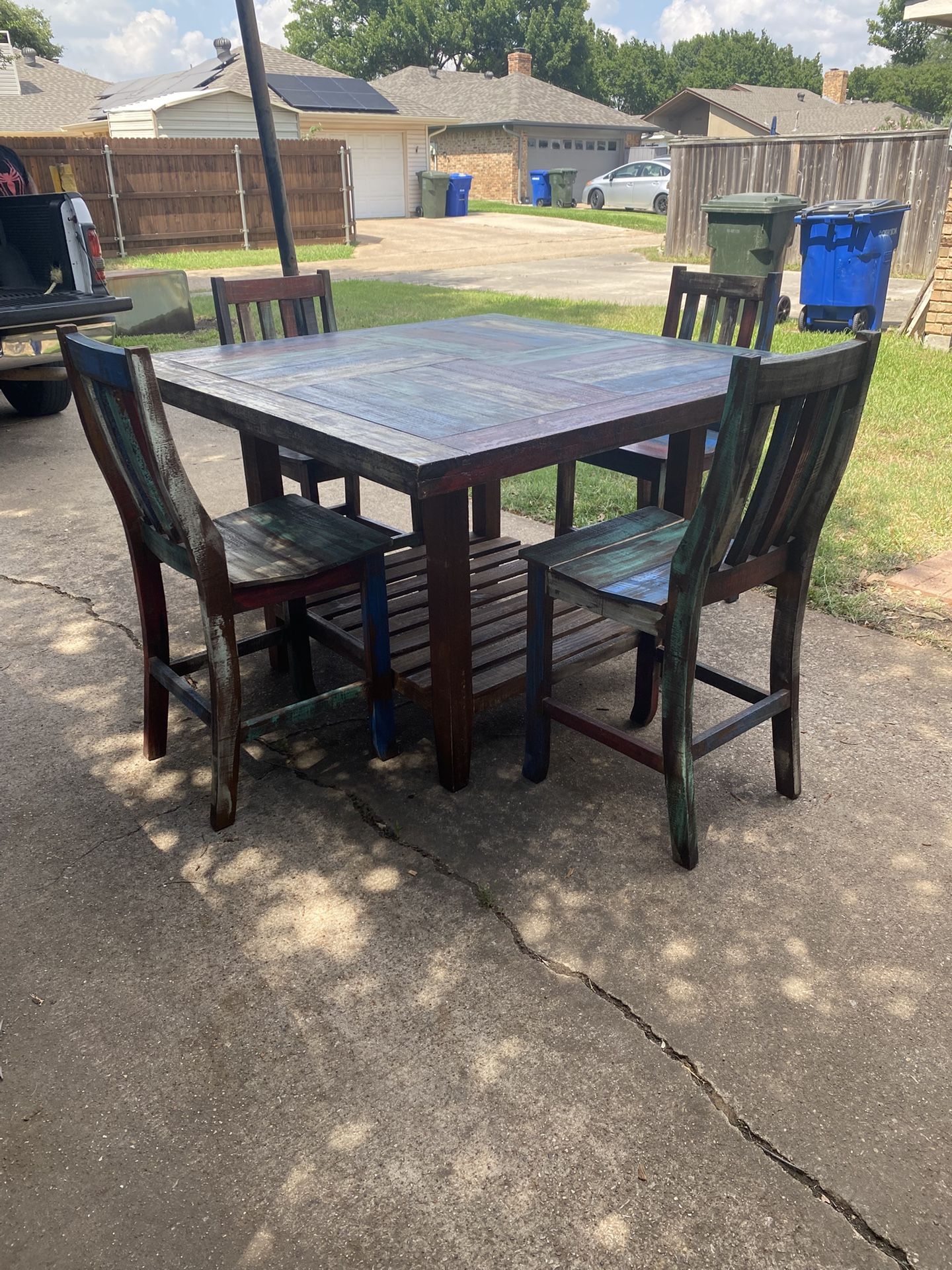 2 Large Square, Hand-Painted Tables And Chairs