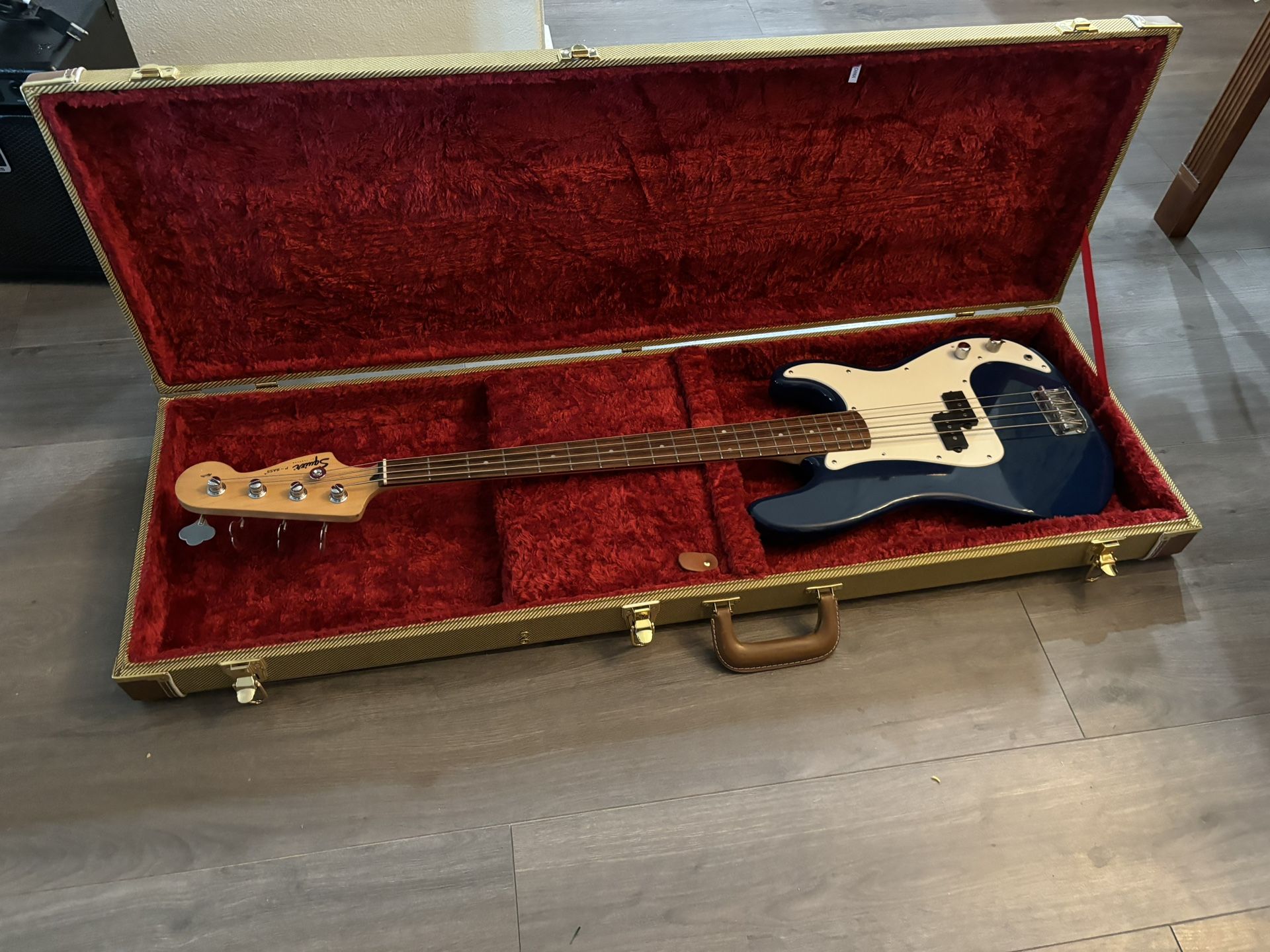 Blue Fender Squire P Bass With Carrying Case