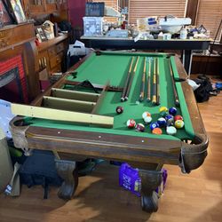 Pool Table, Pool Sticks, Balls, And Stand
