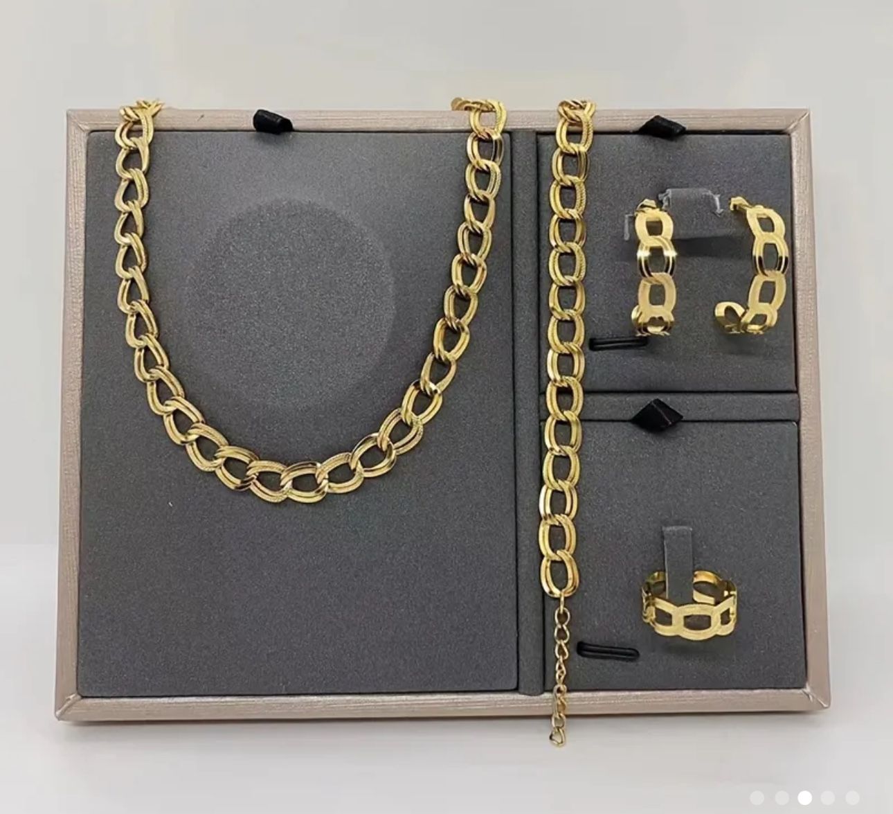 5pcs/set Fashion Chain Necklace + Earring + Bracelet + Ring Set, 18 k gold plated Stainless Steel Jewelry Set  free size ring 