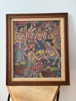 Framed vintage Balinese market scene painting on canvas
