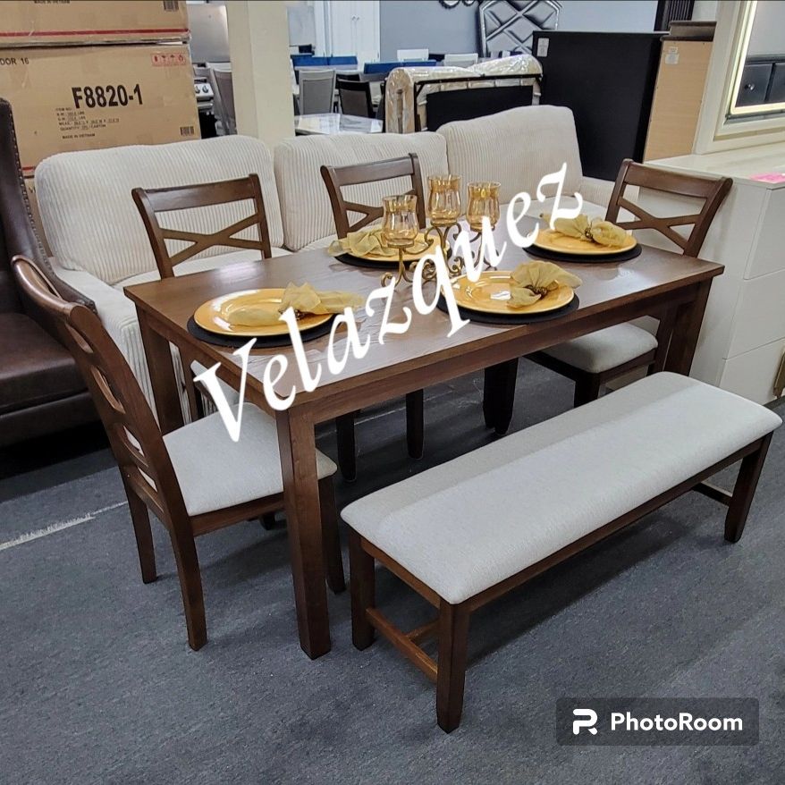 ✅️6 pc brown finish wood dining table set padded seat chairs and bench