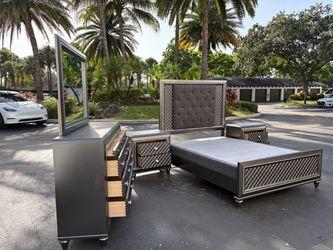 5-Piece Metallic Grey Queen Size Bedroom Set with Tufted Headboard by Malaysia Furniture