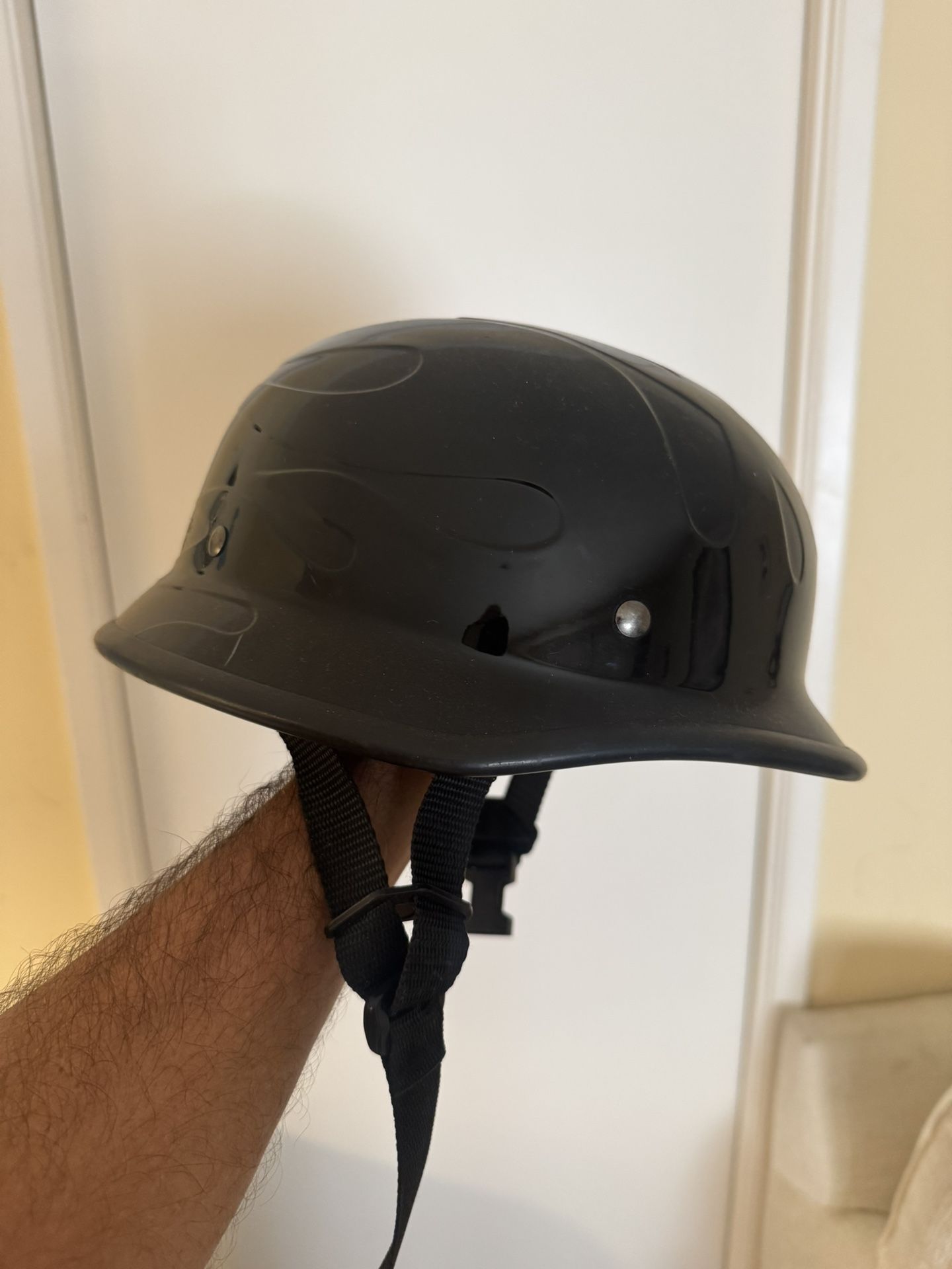 Really cool BLACK VOSS Motorcycle Half Helmet Black w/ flames and clip strap for easy on and off