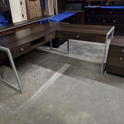 Brown Rustic L Shaped Computer Desk with File Cabinet