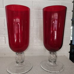 SET OF TWO 13" VINTAGE POTTERY BARN VASE OR CANDLEHOLDERS  RUBY & CRYSTAL GLASS